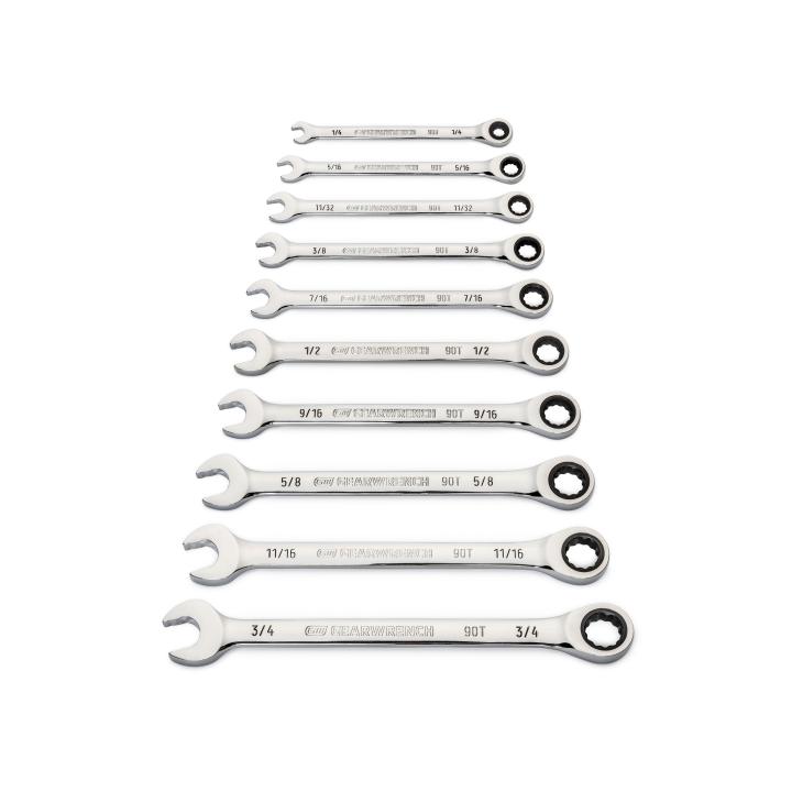 10 Piece 90-Tooth 12 Point SAE Combination Ratcheting Wrench Set