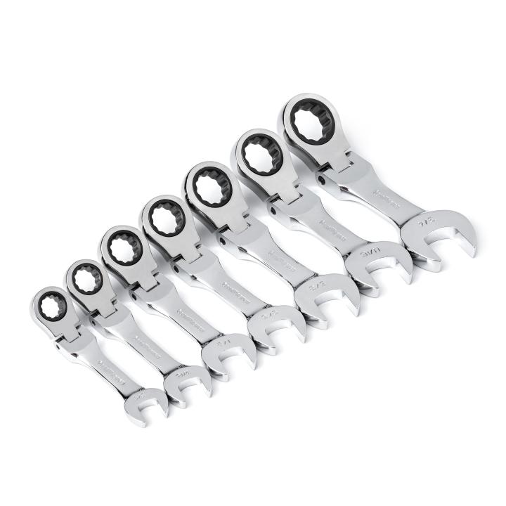 7 Piece 72-Tooth 12 Point Stubby Flex Head Ratcheting Combination SAE Wrench Set