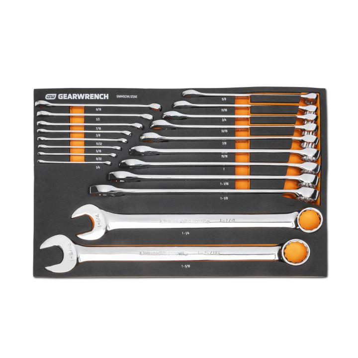 19 Piece 12 Point Long Pattern Combination SAE Wrench Set in Foam Storage Tray