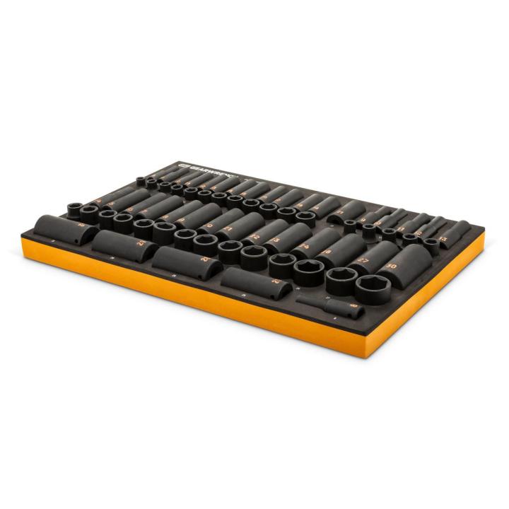 68 Piece 3/8” & 1/2” Drive 6 Point Metric Standard & Deep Hi-Viz Impact Socket Set in Foam Storage Tray