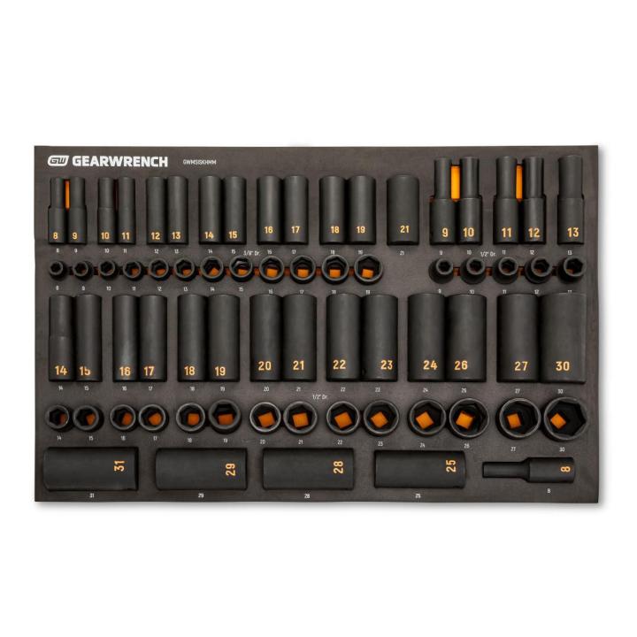 68 Piece 3/8” & 1/2” Drive 6 Point Metric Standard & Deep Hi-Viz Impact Socket Set in Foam Storage Tray