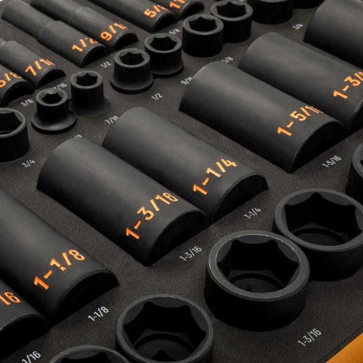 54 Piece 3/8” & 1/2” Drive 6 Point SAE Standard & Deep Hi-Viz Impact Socket Set in Foam Storage Tray