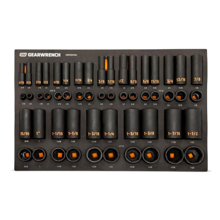 54 Piece 3/8” & 1/2” Drive 6 Point SAE Standard & Deep Hi-Viz Impact Socket Set in Foam Storage Tray