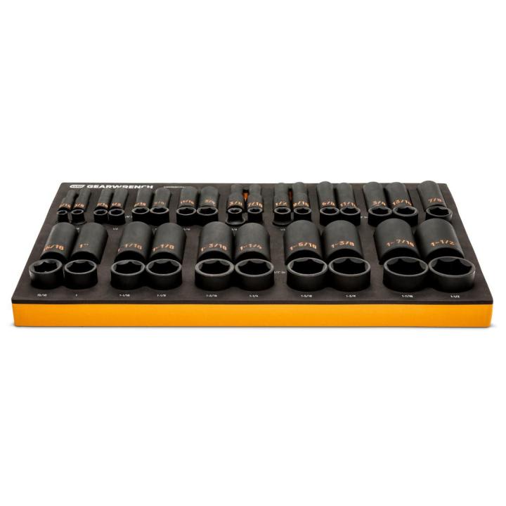 54 Piece 3/8” & 1/2” Drive 6 Point SAE Standard & Deep Hi-Viz Impact Socket Set in Foam Storage Tray