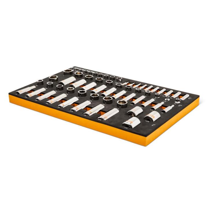 63 Piece 1/4", 3/8" & 1/2" Drive Hi-Viz SAE Socket Set in Foam Tray
