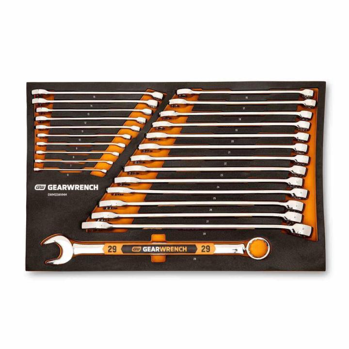 24 Piece 12 Point Metric Hi-Viz Long Pattern Combination Wrench Set in Foam Storage Tray