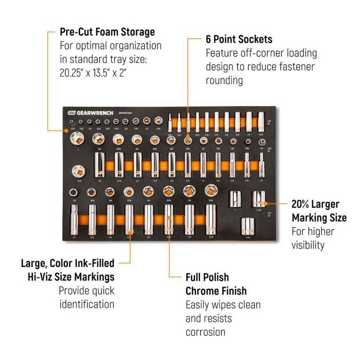 63 Piece 1/4", 3/8" & 1/2" Drive Hi-Viz SAE Socket Set in Foam Tray