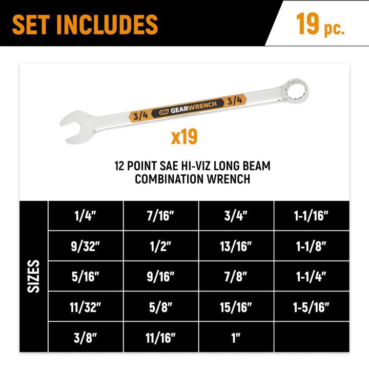 19 Piece 12 Point SAE Hi-Viz Long Pattern Combination Wrench Set in Foam Storage Tray